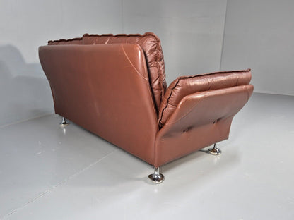 Vintage Danish 2 Seat Sofa Brown Leather chrome Feet 1970s Retro MCM EB8580 M2SS