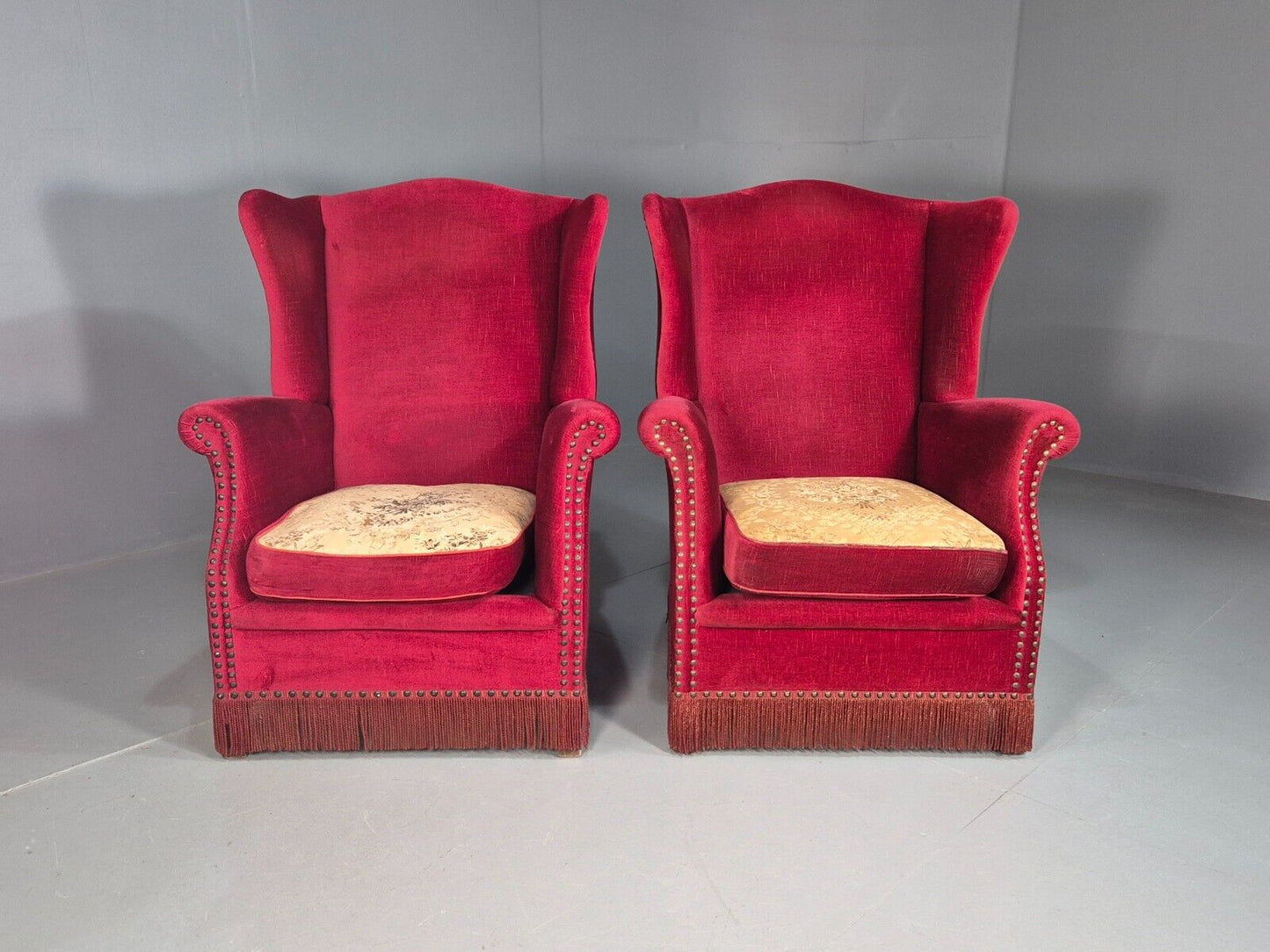 Pair Vintage Danish Wing Back Red Velour Studded Armchairs EB8059 VCLO