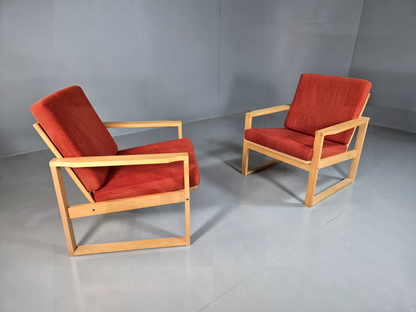 EB7221 2 Swedish Lounge Chairs Beech Frame Red Wool Retro MCM 1960s MNOR