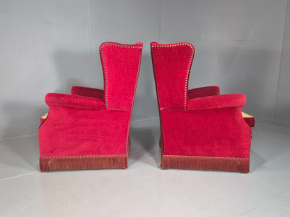 Pair Vintage Danish Wing Back Red Velour Studded Armchairs EB8059 VCLO