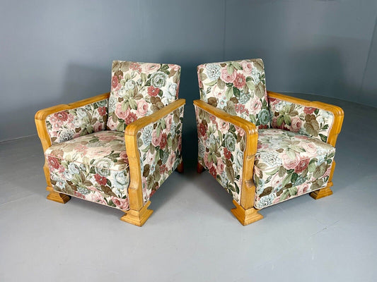 EB6654 2 Vintage Danish Lounge Chairs Floral Honey Oak Art Deco Antique MNOR