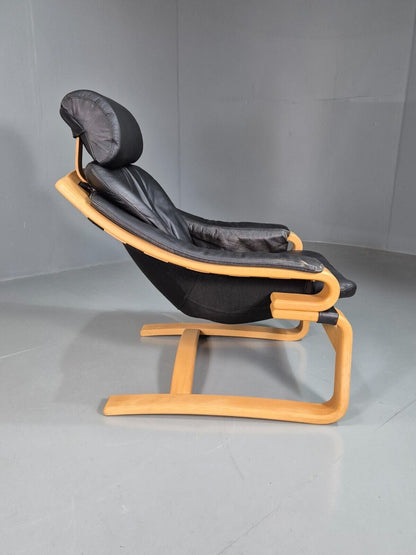 Vintage Danish Lounge Chair Black Leather Bentwood Skippers Retro EB7591 MBEN