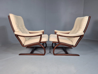 2 Vintage Danish Lounge Chairs Cream Wool Bentwood 1980s Retro MCM EB8256 MBEN