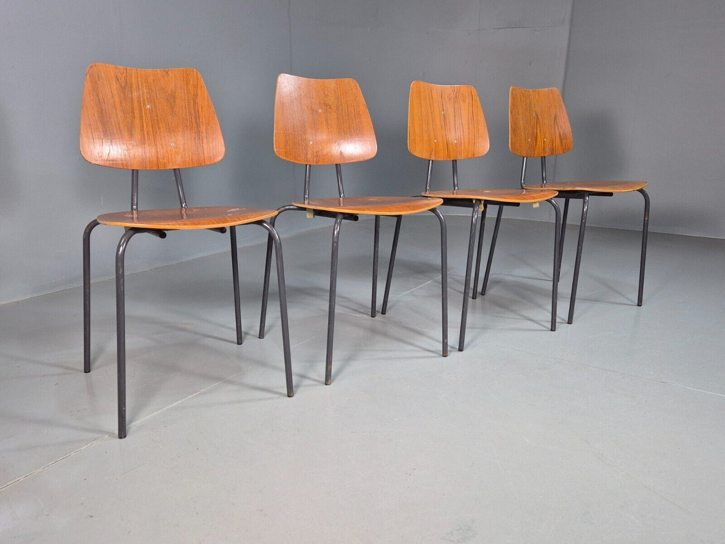 4 Vintage Danish Stacking Chairs Teak Plywood Steel Frame 1960 Retro EB8367 MSTA