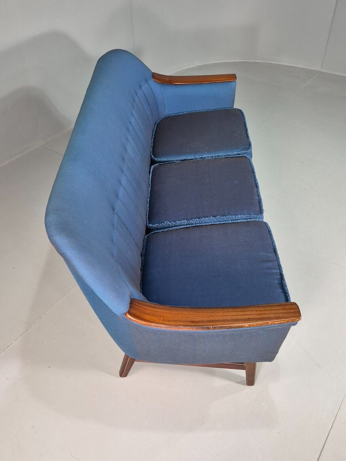 Vintage Swedish 3 Seat Sofa Blue Cotton Wood Arms 1960 Retro MCM EB7594 M3SS