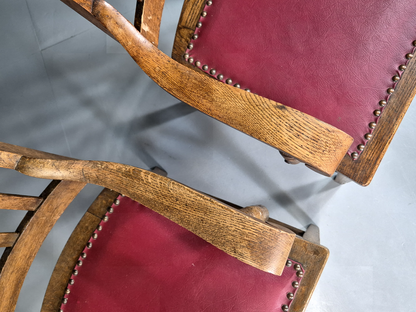 2 Vintage Elbow Chairs Red Leatherette Oak 1920s Retro EB7393 VLEA