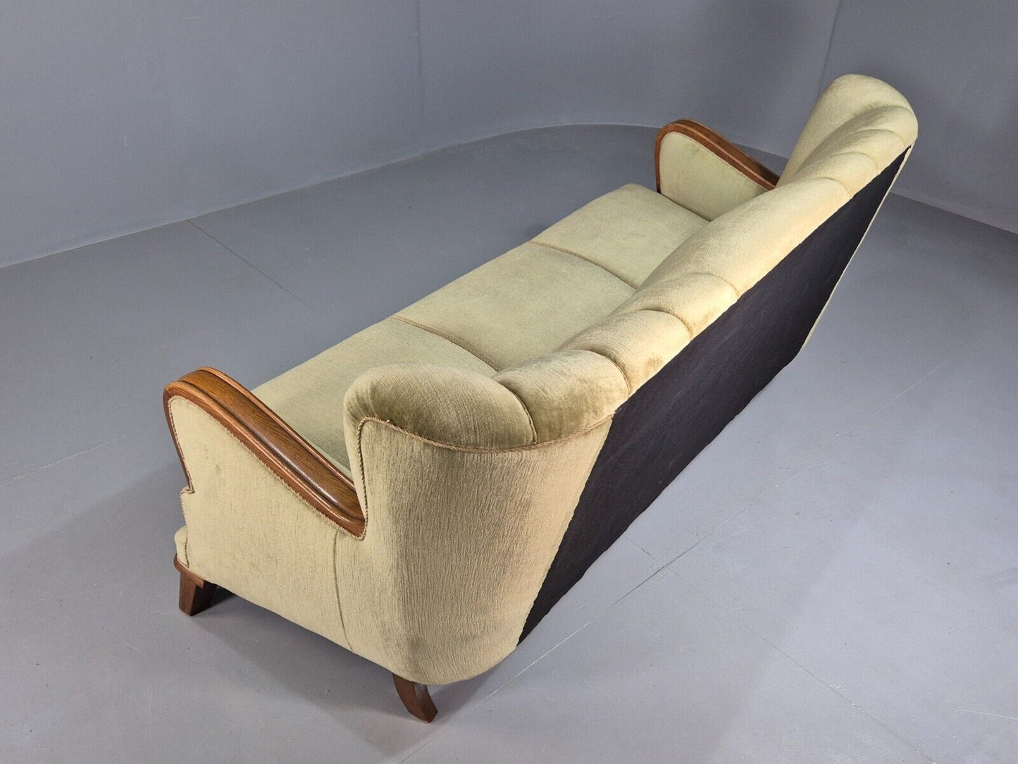 Vintage Danish 3 Seat Sofa Green Velour Oak Detail Art Deco 1930s EB7828 M3SS