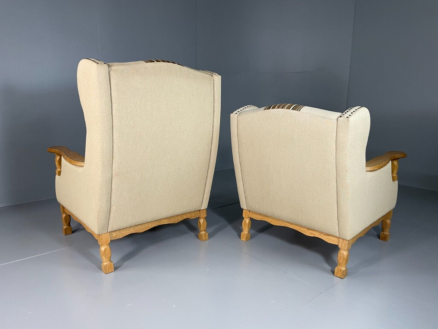 EB6491 Vintage Danish Pair of Armchairs Oak Frame Cream and Brown Fabric VCLO