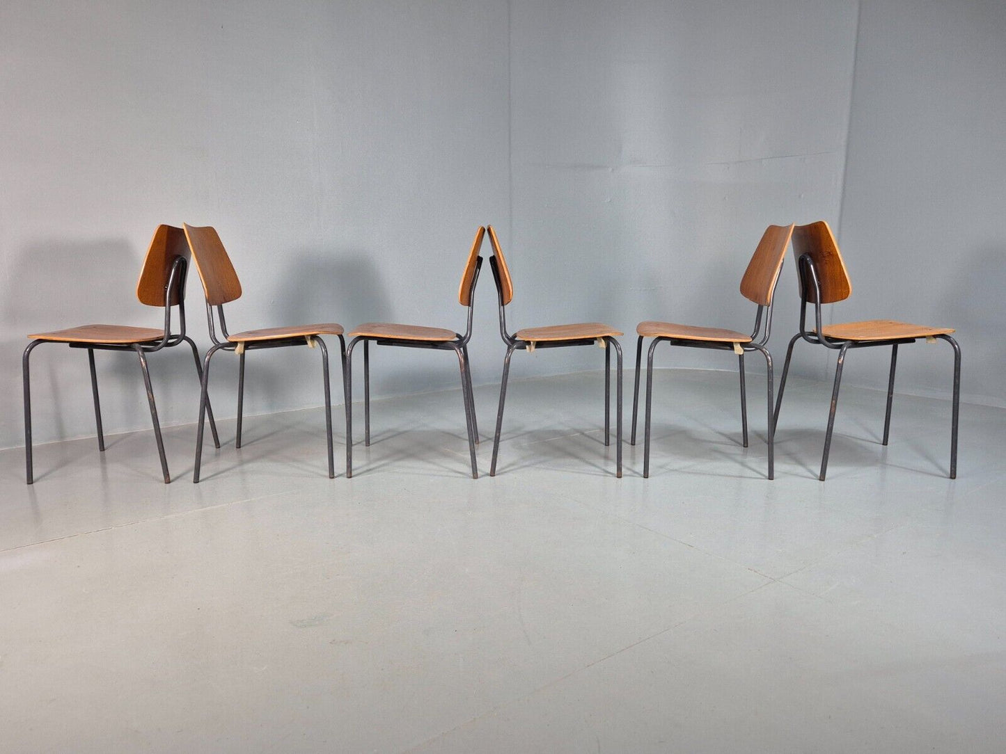 6 Vintage Danish Stacking Chairs Teak Plywood Steel Frame 1960 Retro EB8372 MSTA