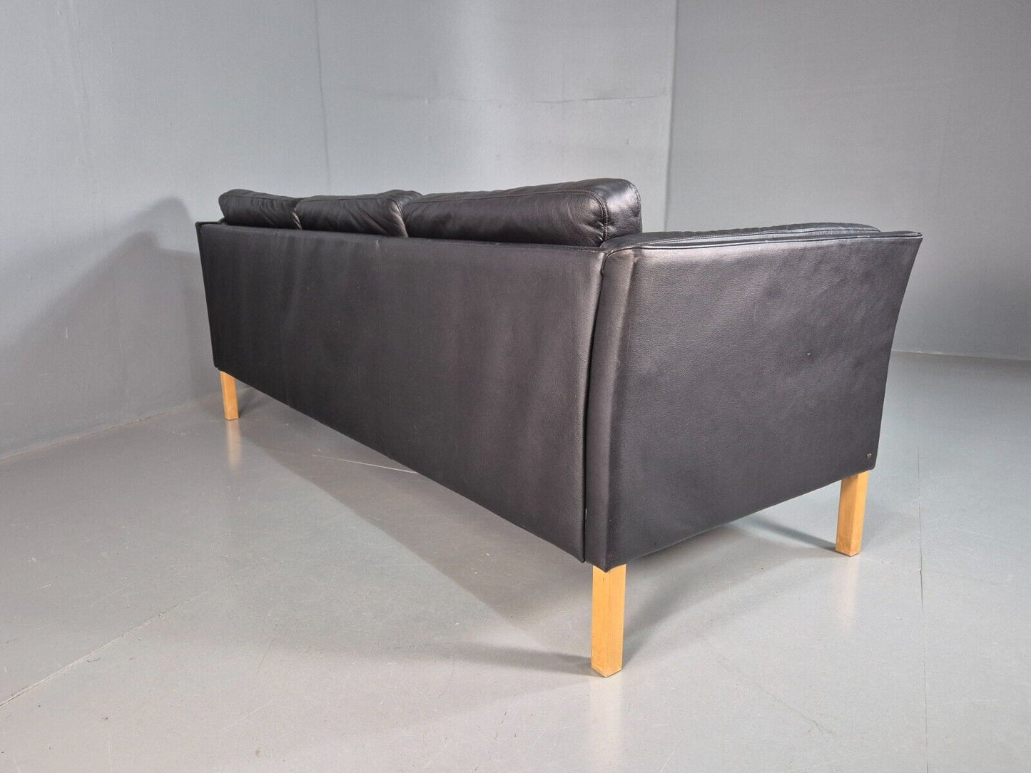 Vintage Danish 3 Seat Sofa Black Leather 1980s Retro MCM EB7630 M3SS