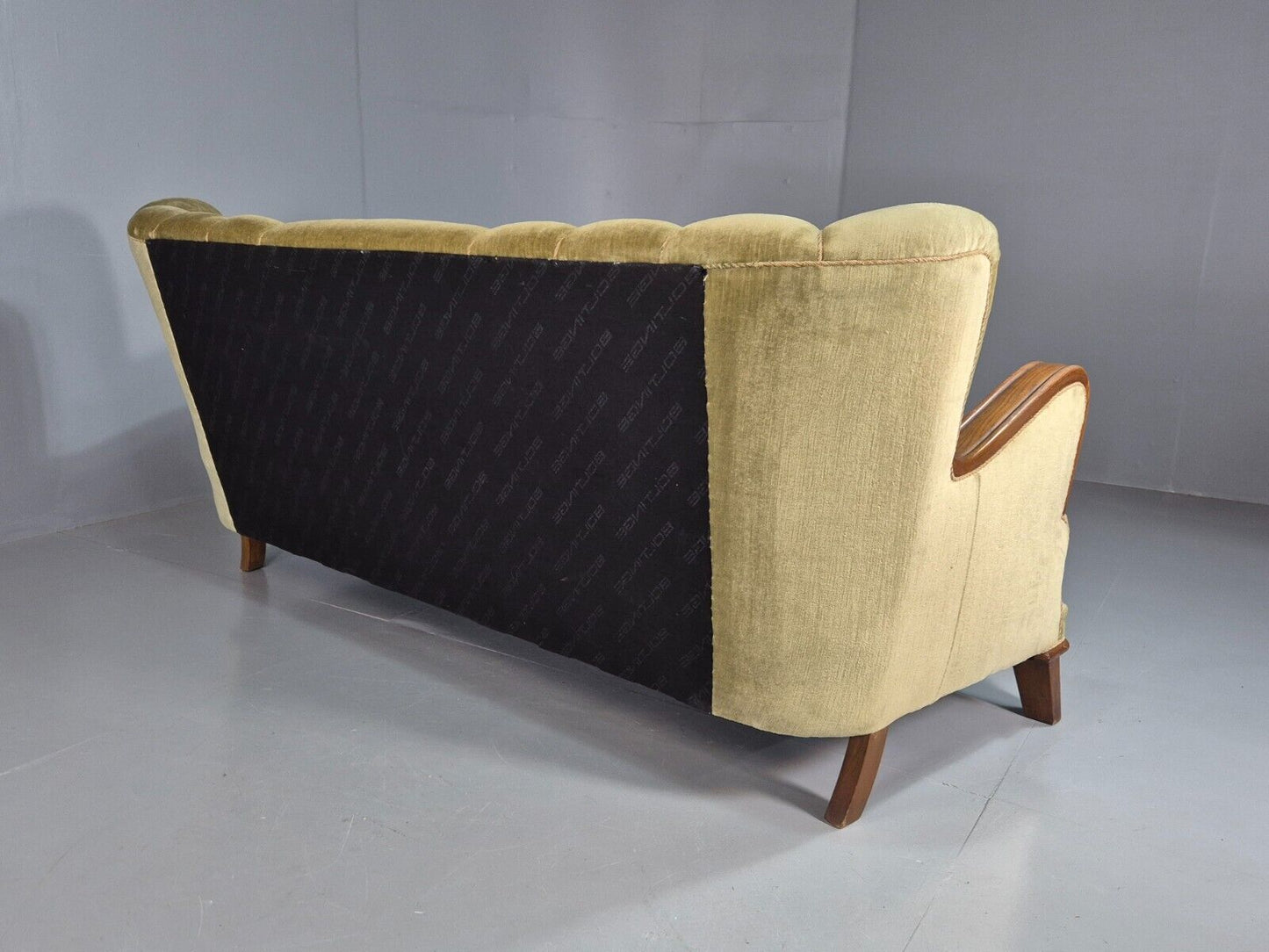 Vintage Danish 3 Seat Sofa Green Velour Oak Detail Art Deco 1930s EB7828 M3SS