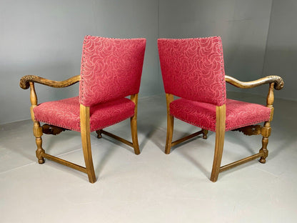 EB6943 2 Vintage Elbow Chairs Red Moquette Oak Frame 17th Century Style RepoVCLO