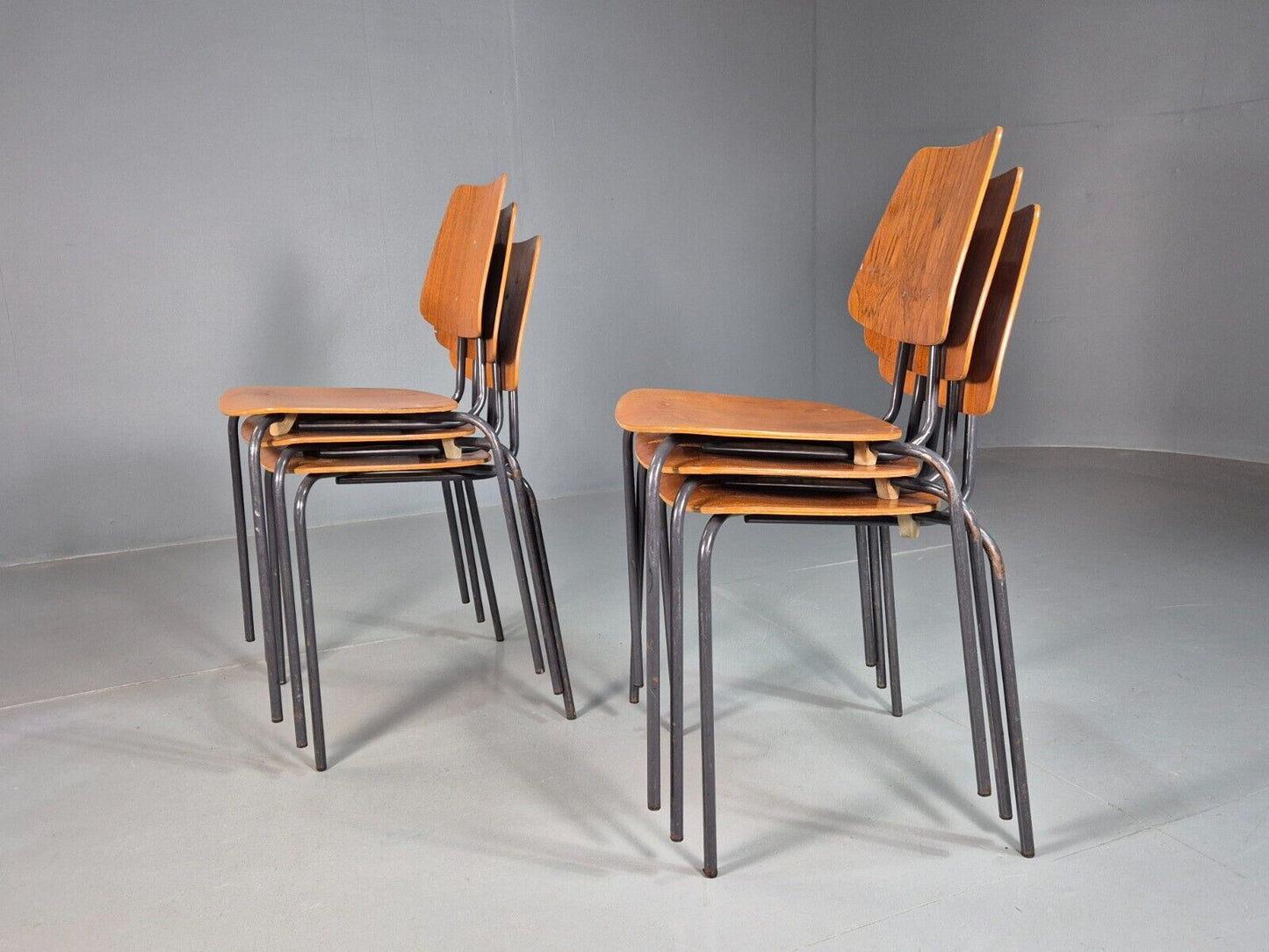 6 Vintage Danish Stacking Chairs Teak Plywood Steel Frame 1960 Retro EB8378 MSTA