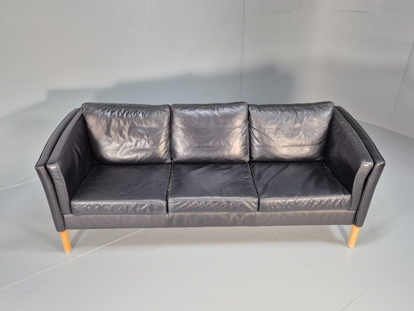 Vintage Danish 3 Seat Sofa Black Leather and Vinyl Straight Back EB8616 M3SS