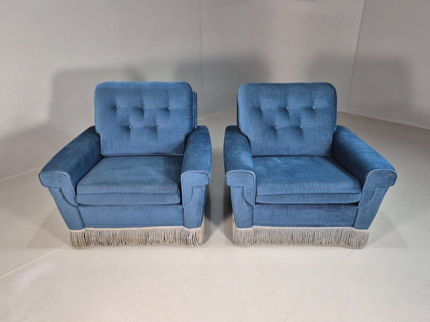 Pair Vintand Danish Blue Velour Armchairs Tassels Chrome Retro EB8021 MNOR