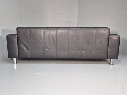 Vintage Danish 3 SEat Sofa Black Leather Chrome Feet 1980s Retro MCM EB8588 M3SS