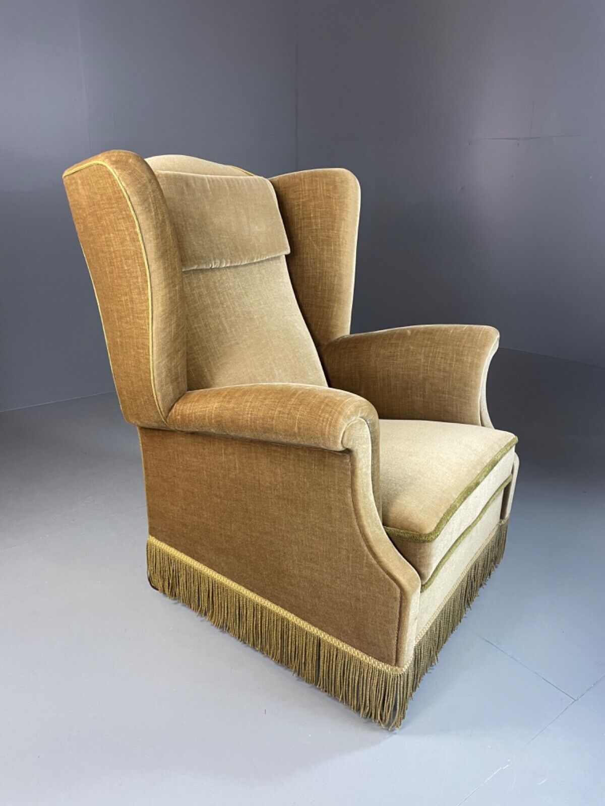 EB4894 Vintage Danish Olive Green Wingback Armchair, tassel, 1950s, 1960s VCLO