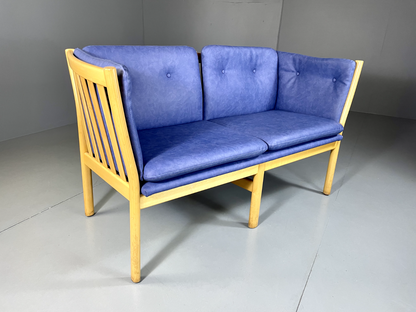 EB5380 Vintage Danish Beech Frame Sofa, Blue Vinyl Upholstery, Retro, M2SS