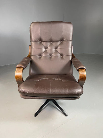 EB6910 Vintage Danish Lounge Chair Brown Leather and Vinyl Swivel Retro MCM MSWI