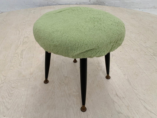 EB3884 Danish Green Faux Fur Footstool with Black Legs Retro Vintage MFOO