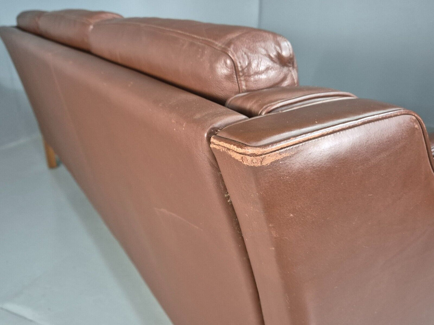 Vintage Danish 3 Seat Sofa Brown Leather Mogensen Style 1970s Retro EB7646 M3SS