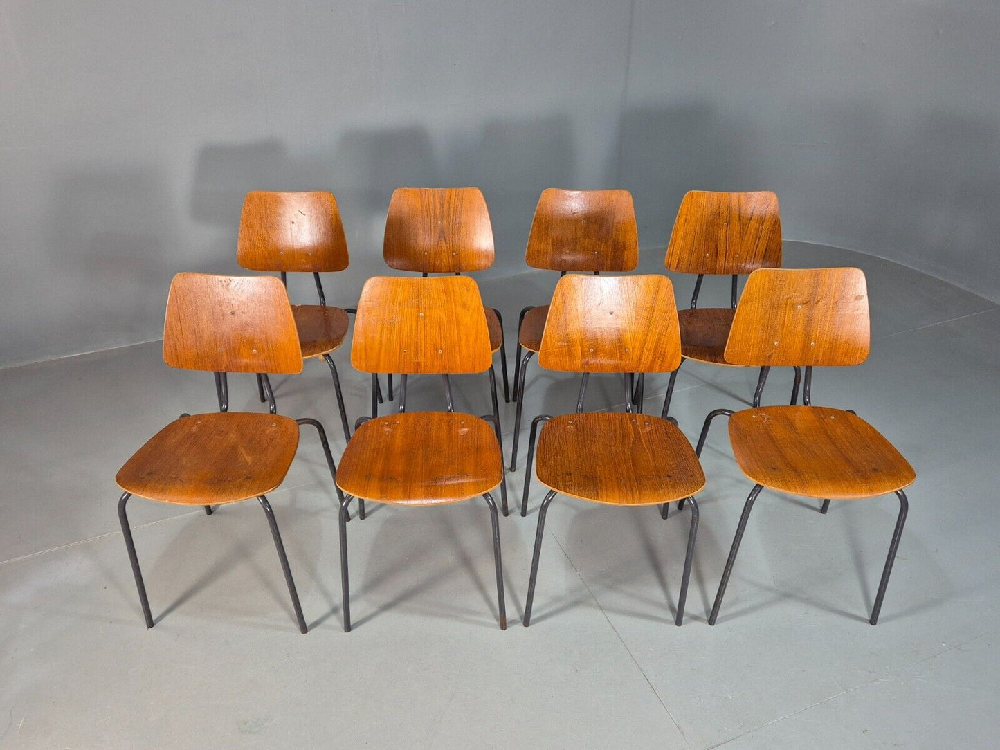 8 Vintage Danish Stacking Chairs Teak Plywood Steel Frame 1960 Retro EB8374 MSTA