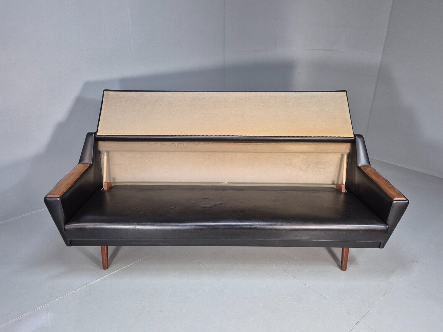 Vintage Danish Sofa Bed Black Vinyl Teak Paws Legs Reupholstery MCM EB7273 M4SS