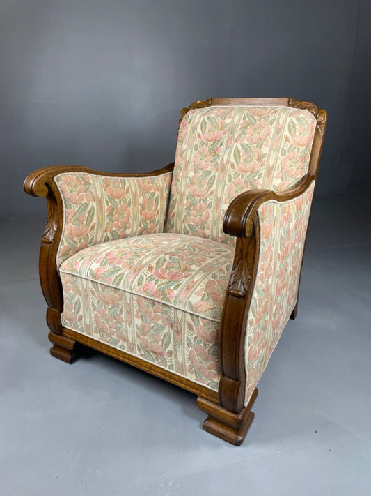 EB4510 Danish Circa 1930s Oak Framed Floral Upholstered Armchair, Retro, VCAR