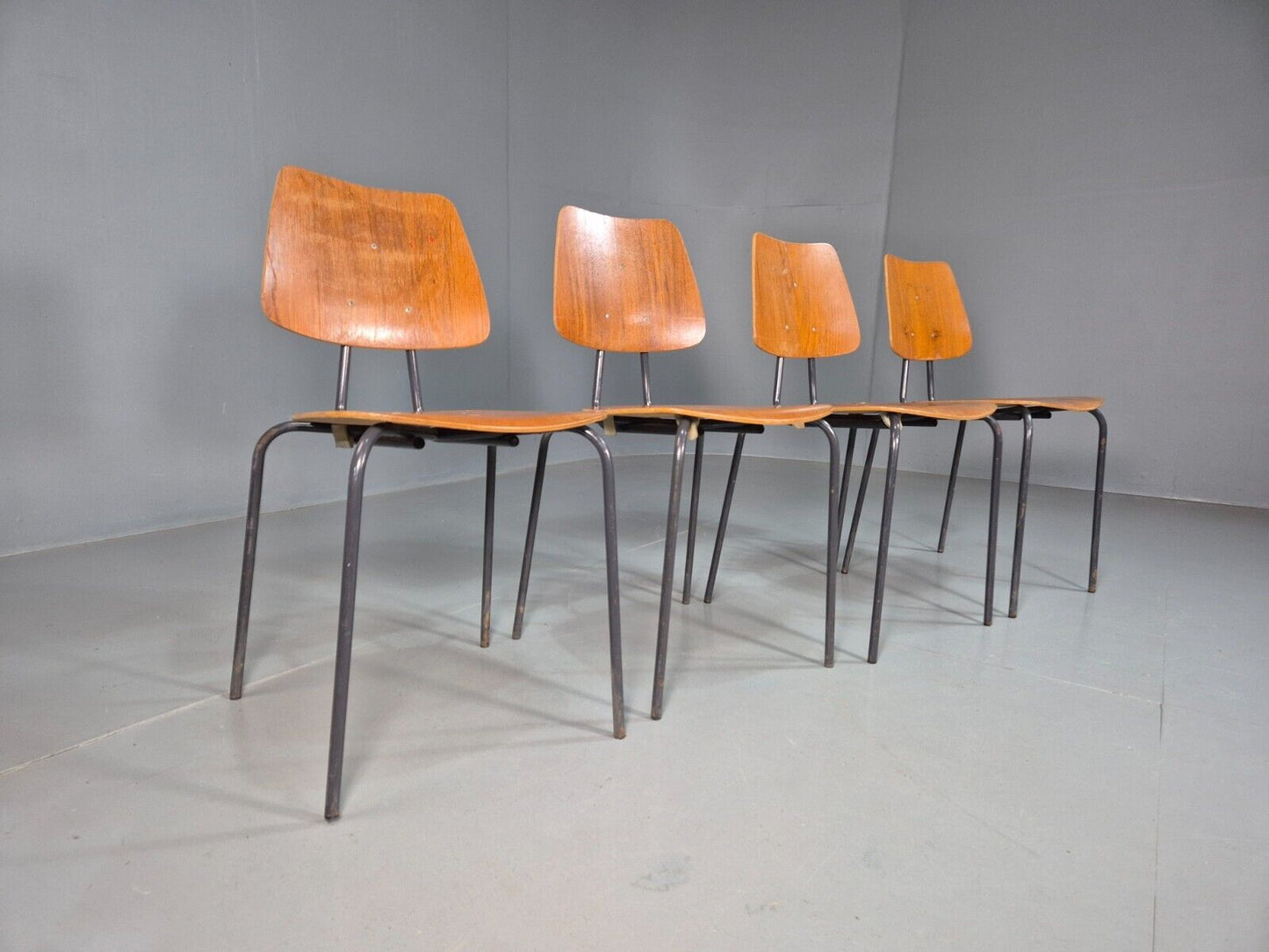 4 Vintage Danish Stacking Chairs Teak Plywood Steel Frame 1960 Retro EB8365 MSTA