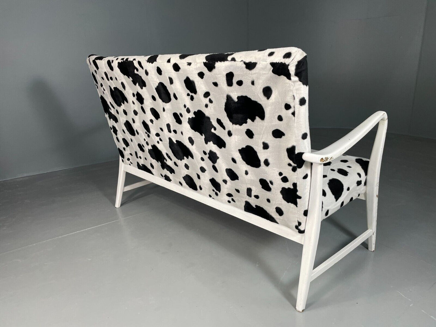 EB6448 Vintage 2 Seat Danish Sofa Painted White Cow Print Cover Retro MCM M2SS