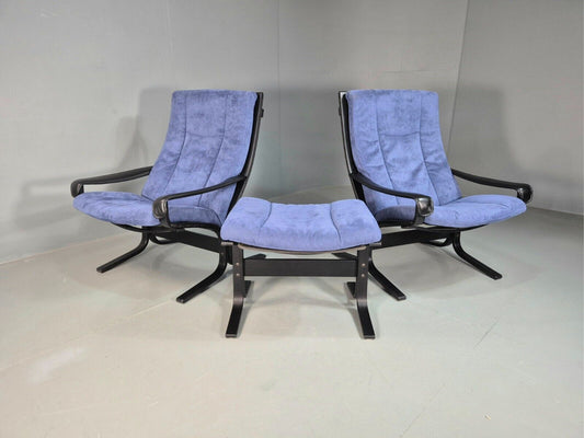 2 Vintage Norwegian Lounger Chairs Blue Vegan Suede Siesta MCM EB8286 MBEN