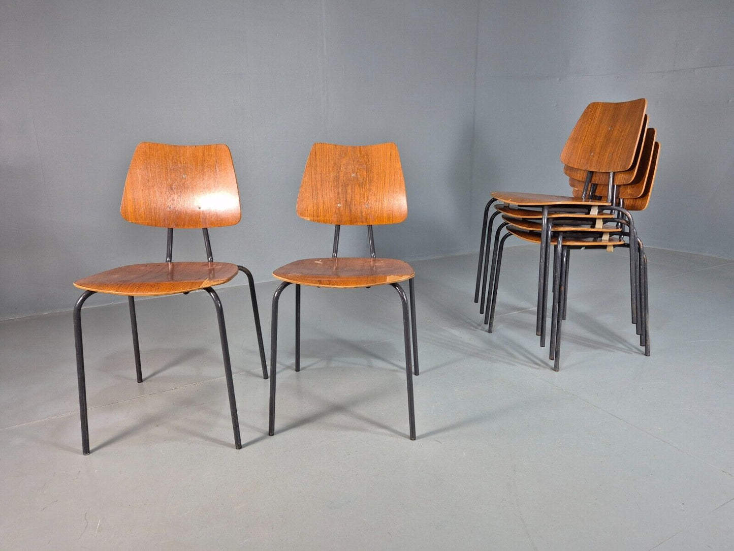 6 Vintage Danish Stacking Chairs Teak Plywood Steel Frame 1960 Retro EB8379 MSTA