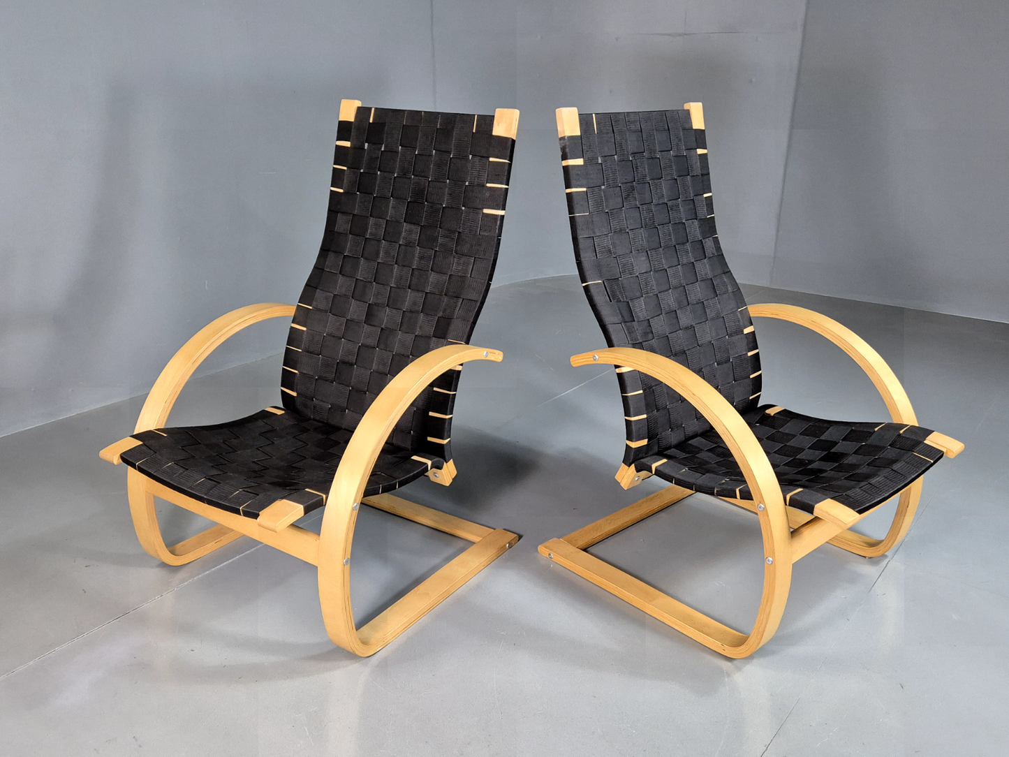 EB7228 2 Vintage Danish Lounge Chairs Canvas Bentwood Aalto Style MCM Retro MBEN