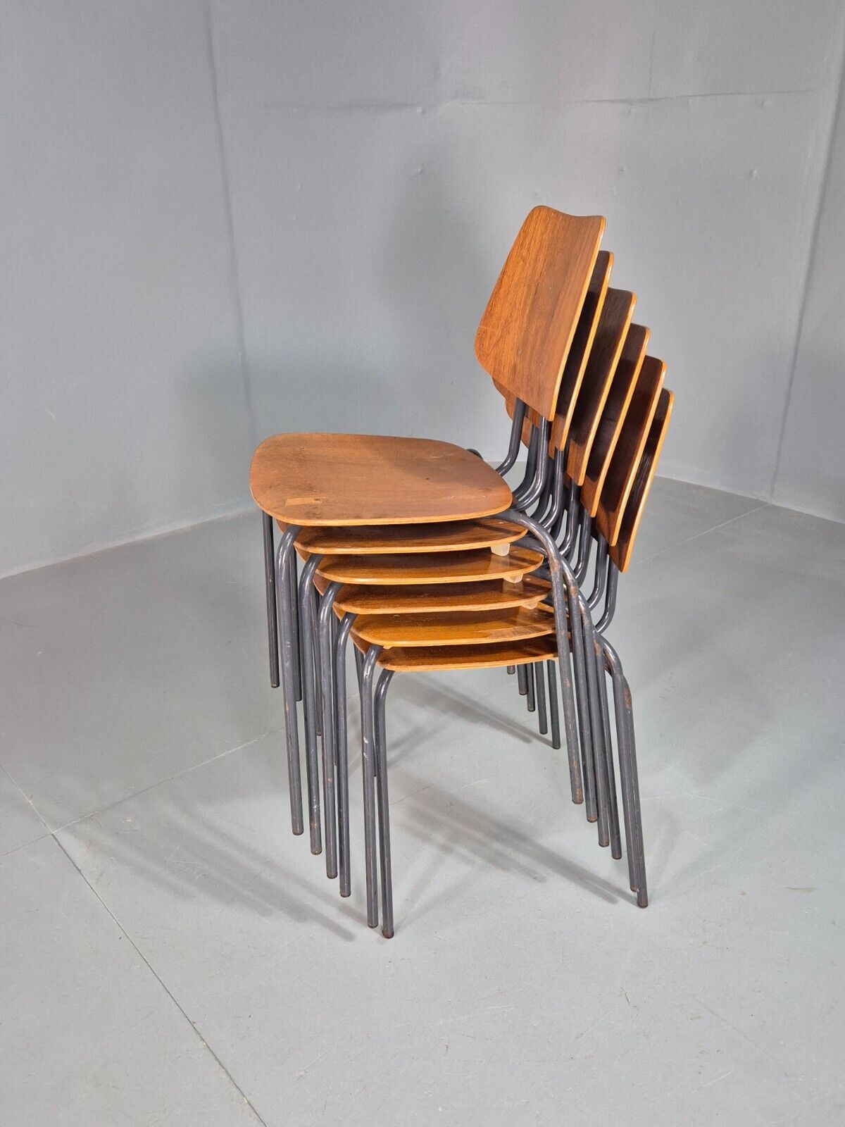 6 Vintage Danish Stacking Chairs Teak Plywood Steel Frame 1960 Retro EB8378 MSTA