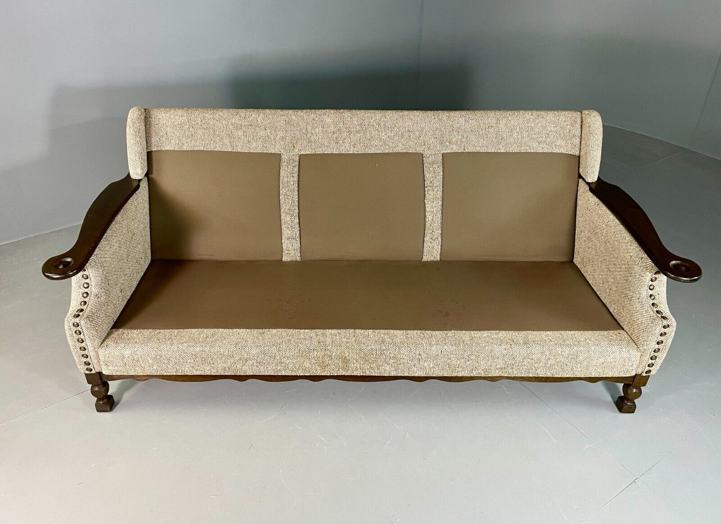 EB6735 Vintage Danish 3 Seat Sofa Cream and Green Wool Oak Frame Retro 1970 M3SS