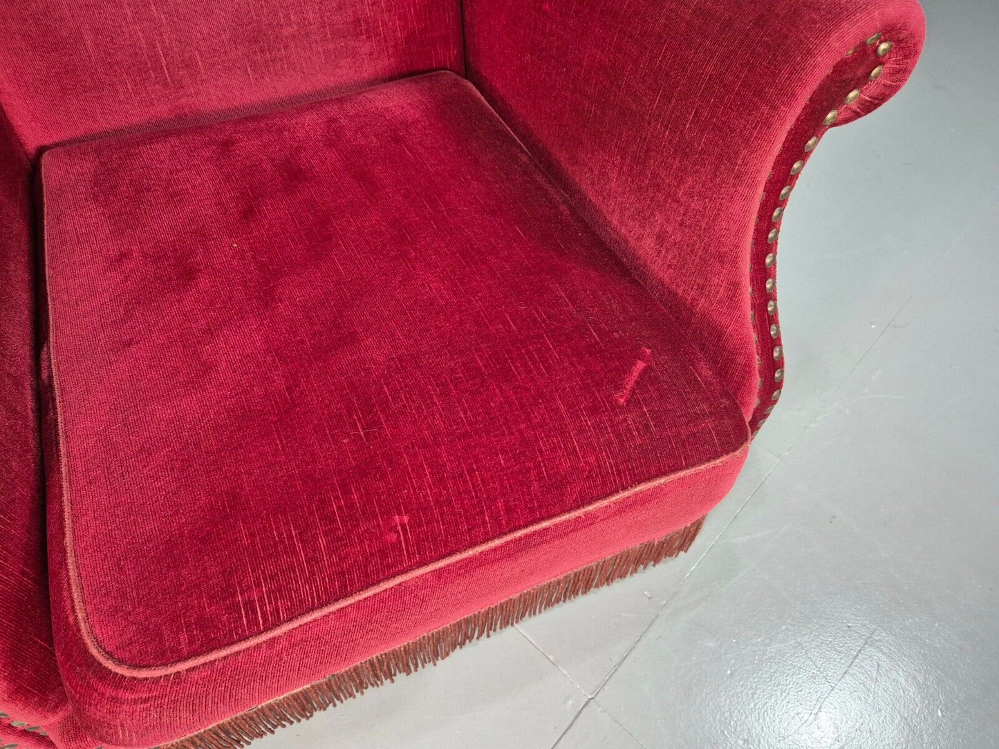 Pair Vintage Danish Wing Back Red Velour Studded Armchairs EB8059 VCLO