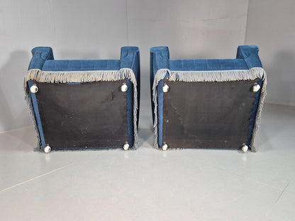 Pair Vintand Danish Blue Velour Armchairs Tassels Chrome Retro EB8021 MNOR