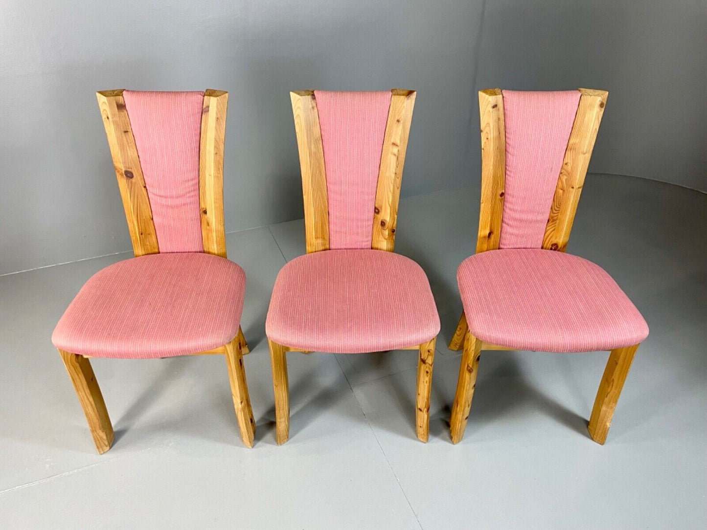 EB4798 3 Danish 1980s Pine & Pink Fabric Dining Chairs, Retro, Post Mod , MDIN