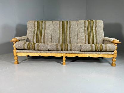 EB6507 Vintage Danish 3 Seat Sofa Grey Green Wool Oak Frame 1970s Retro V3SS