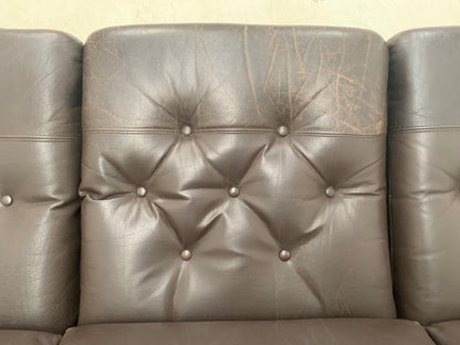 EB3459 Danish Stained Beech, Dark Brown Leather & Vinyl Three-Seater Sofa M3SS