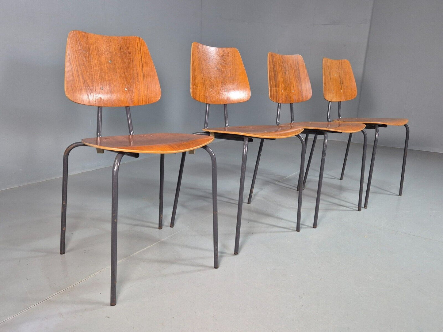 4 Vintage Danish Stacking Chairs Teak Plywood Steel Frame 1960 Retro EB8368 MSTA