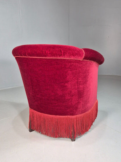 Vintage Danish Red Velour Tub Chair With Tassels Cabriole Legs  EB8013 VCLO