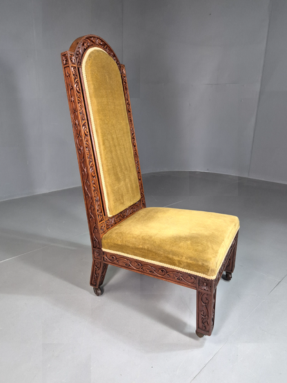 EB7348 Vintage Prayer Chair Carved Oak Gold Velour Antique VCAR