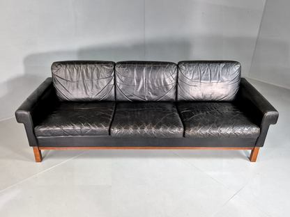 Vintage 3 Seat Sofa Black Leather Fribyter Gotland Ikea 1960s Retro EB7097 M3SS