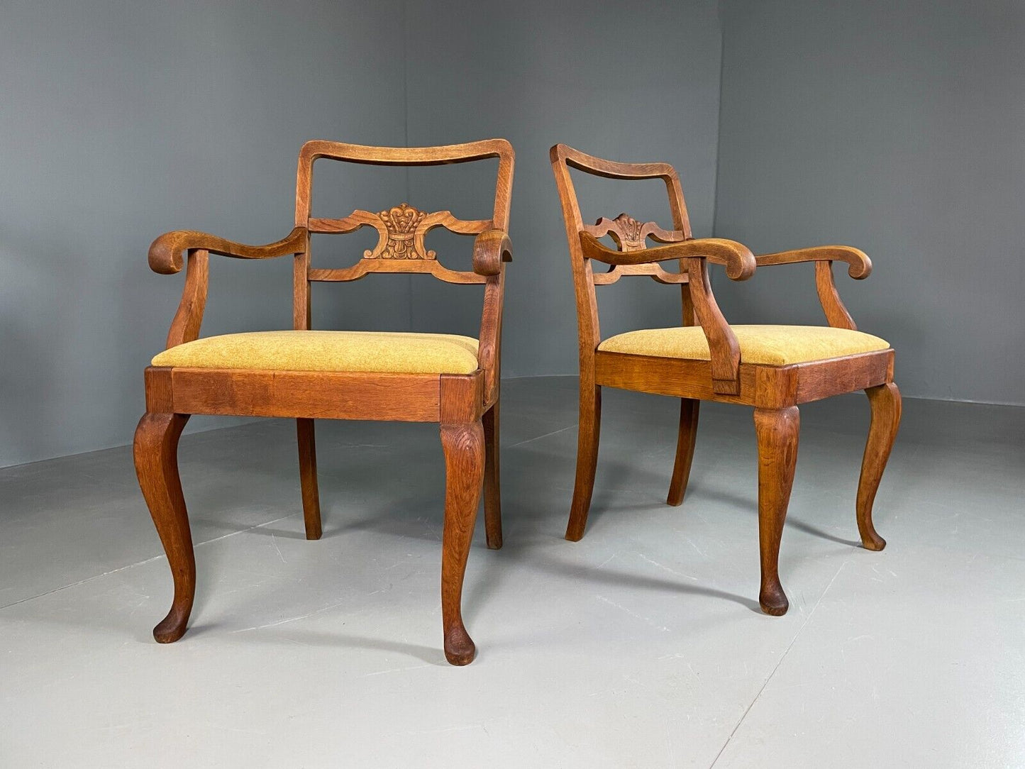 EB6953 2 Vintage Danish Elbow Chairs Oak Gold Upholstery Antique VCAR