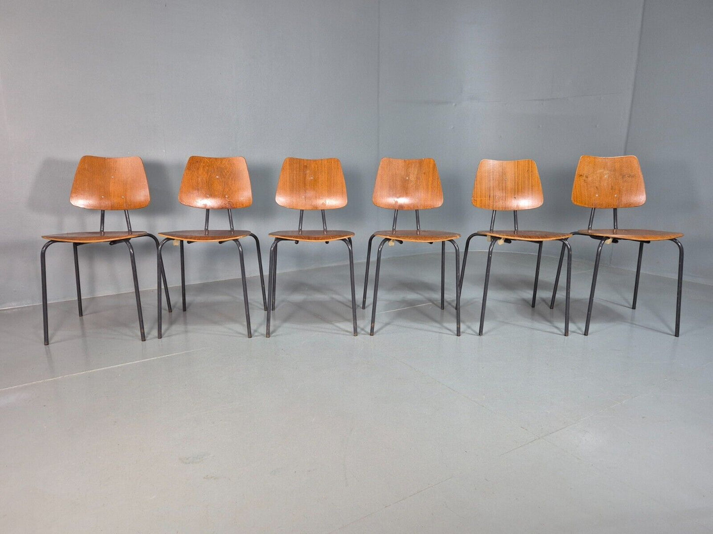 6 Vintage Danish Stacking Chairs Teak Plywood Steel Frame 1960 Retro EB8372 MSTA