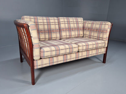 Vintage Danish 2 Seat Sofa Tartan Cotton Wood Frame Stouby 1980s MCM EB8598 M2SS