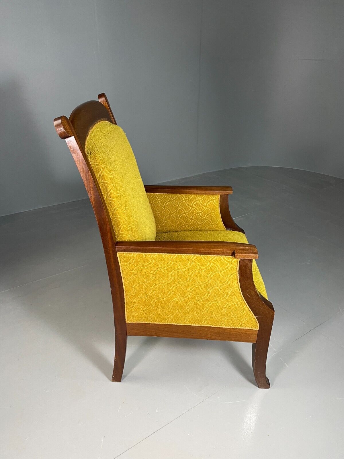 EB6584 Vintage Danish Lounge Chair Yellow Moquette Mahogany Antique Throne VCLO