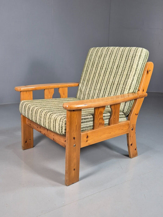 Vintage Danish Pine Framed Armchair Green Striped Cotton Seating EB8037 MNOR