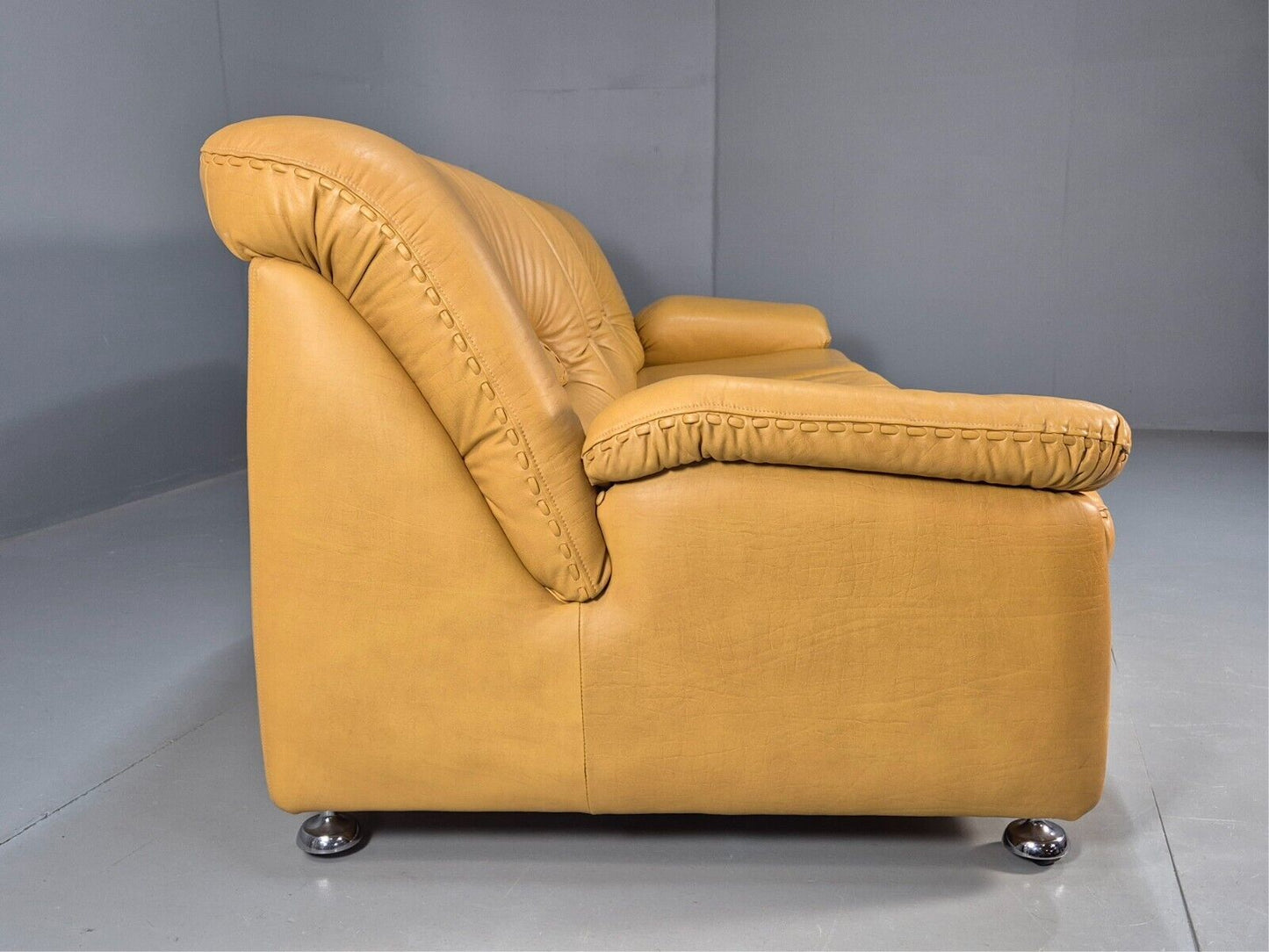 Vintage De Sede Style 3 Seat Sofa Mustard Leather Retro 1970 MCM EB8426 M3SS